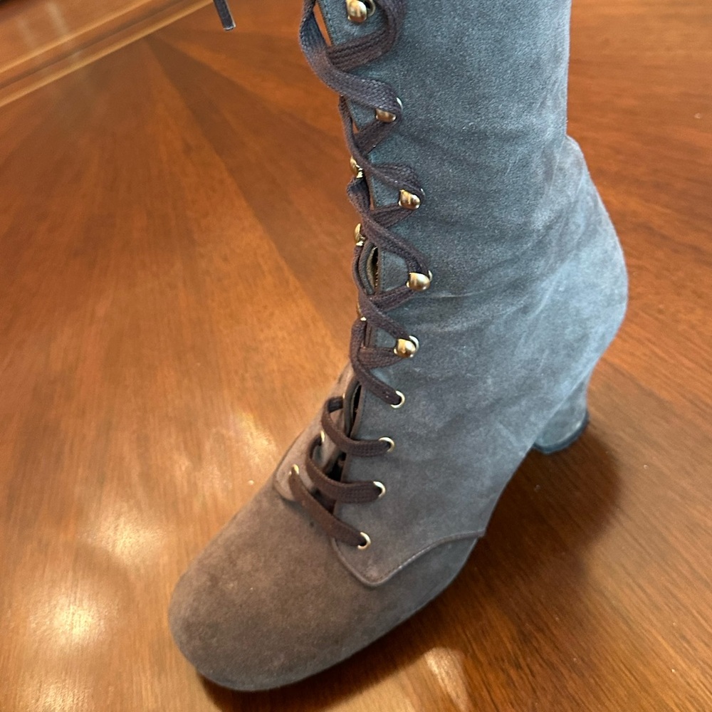 Genuine Suede Lace-Up Knee-High Boots Gold Hardware Italy - Picture 7 of 11